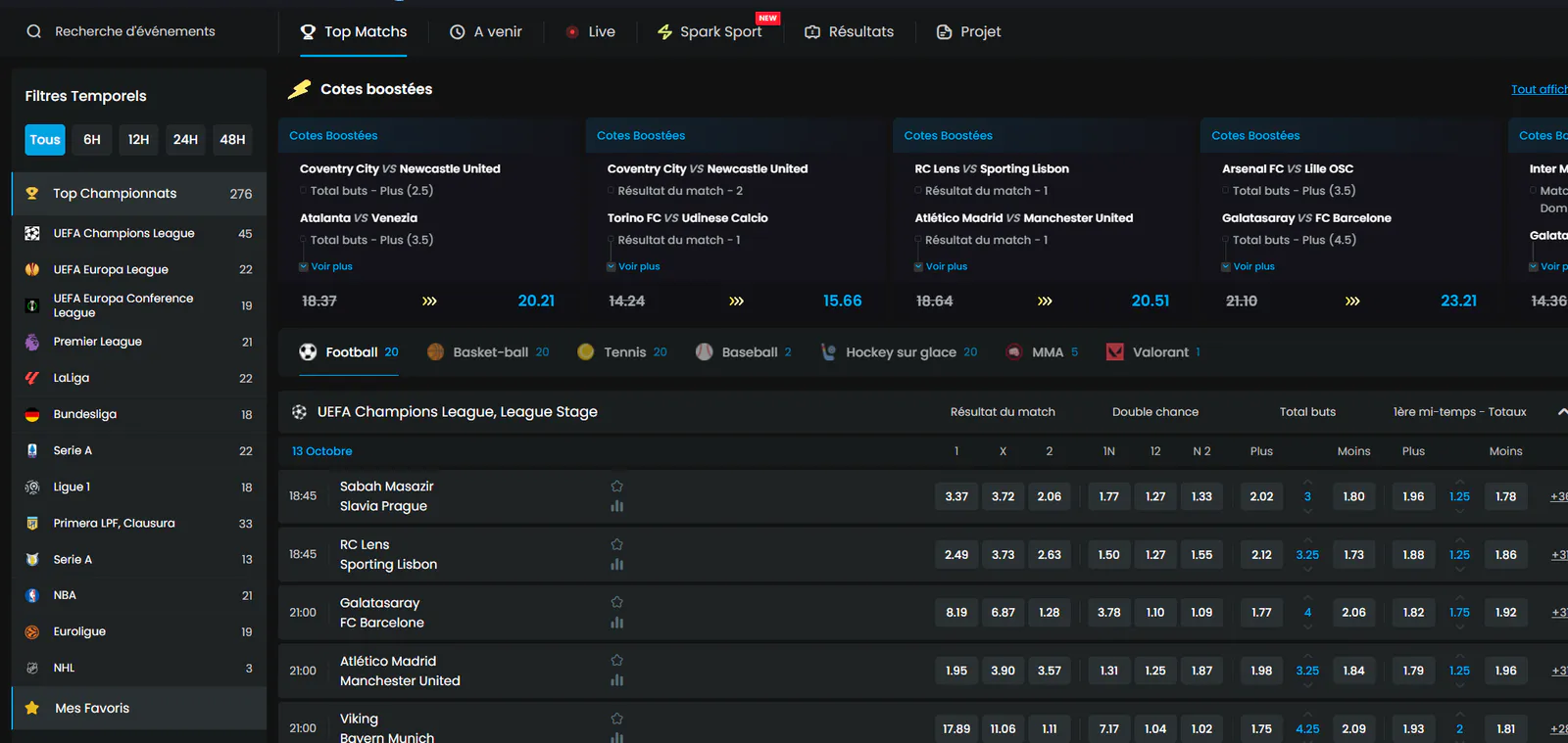 MyStake Casino interface des paris sportifs avec cotes boostées, matchs de football, compétitions européennes et différents marchés de paris